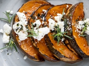 Dish with baked pumkin and feta cheese on top | Featured image for introducing Olympus Cheese blog.